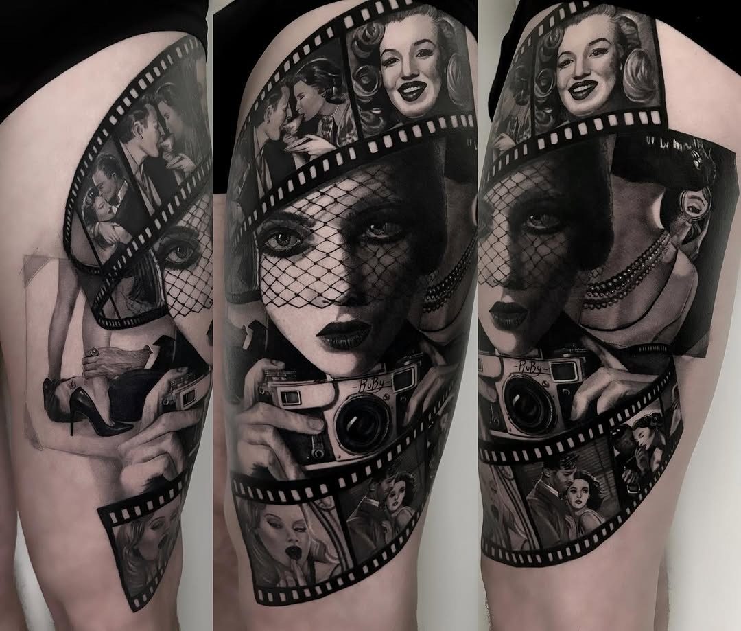 Filmstreifen-Tattoo mit Portraits im Vintage-Stil auf dem Oberschenkel, Black and Grey von Ruby